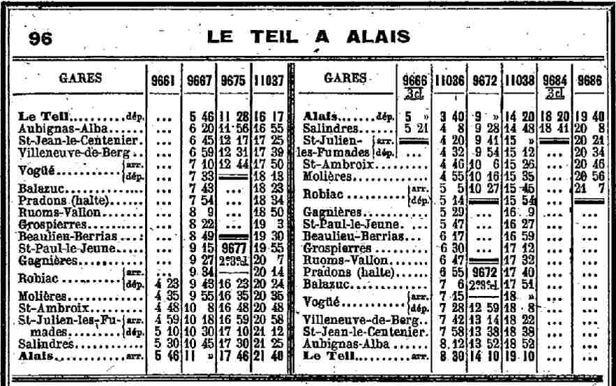 Horaires Alais Le Teil 1915