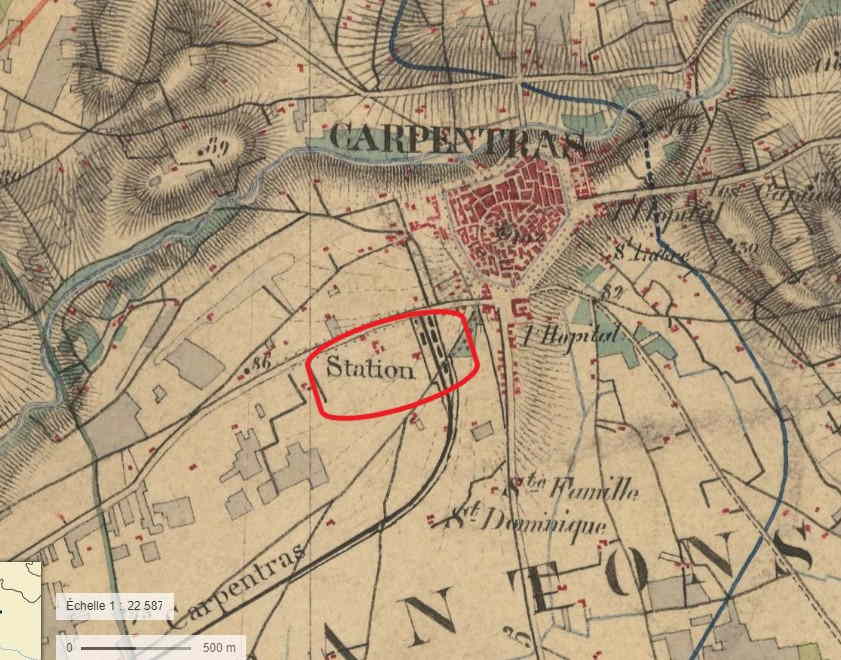 La gare de Carpentras sur la carte d'état-major